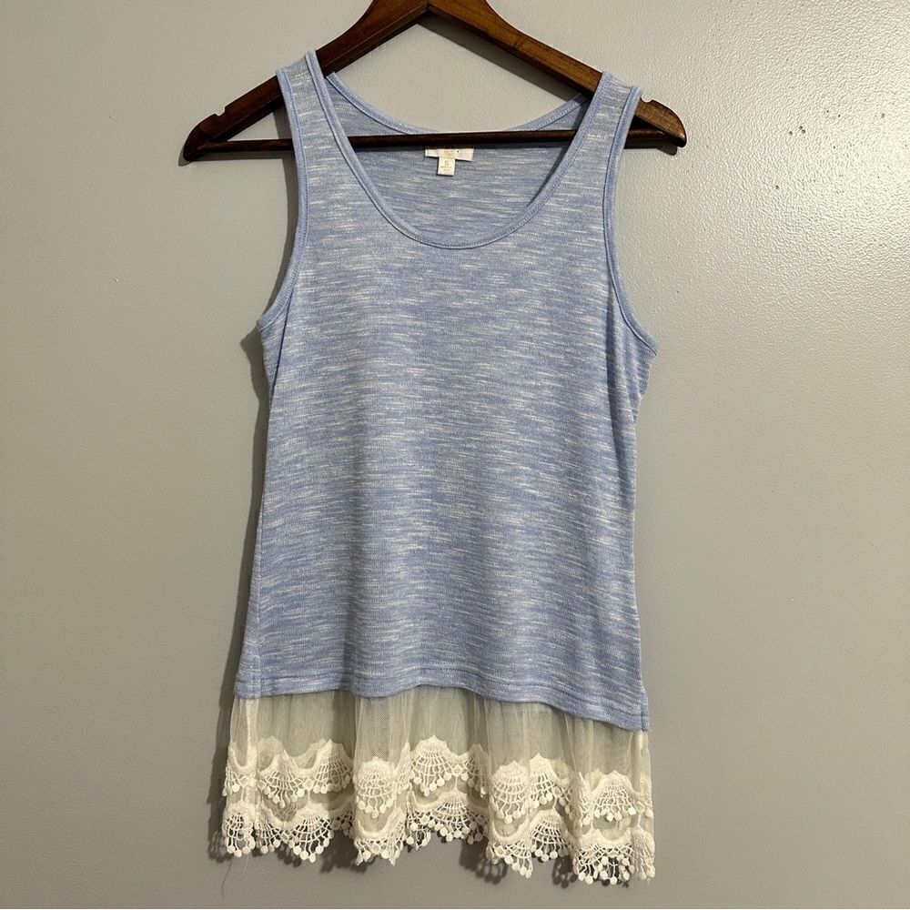 Charming Charlie baby blue tank with lace bottom. Size S